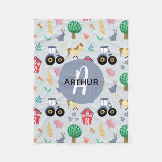 男の子達に可愛いブルーファームアニマルトラクターのパターンキッズ フリースブランケット (正面)