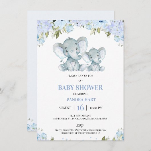 男の子青フローラエレファンドと子牛のベビーシャワー 招待状 (正面/裏面)