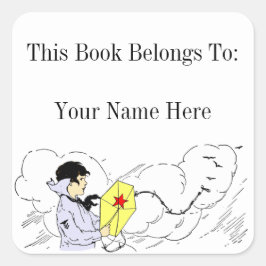 男の子飛んでいると凧の蔵書票カスタムシール スクエアシール