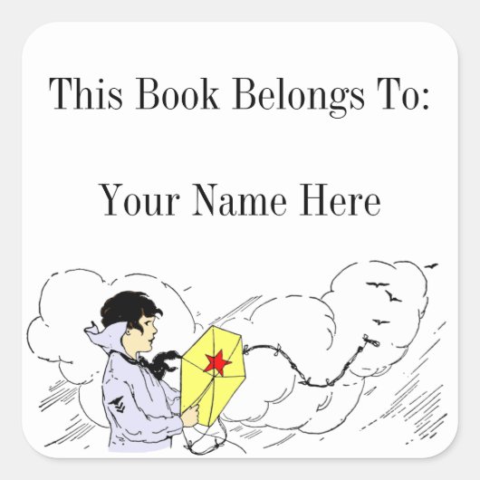 男の子飛んでいると凧の蔵書票カスタムシール スクエアシール (正面)