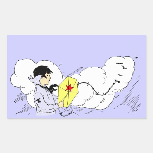 男の子飛んでいるカイトヴィンテージアートステッカー 長方形シール (正面)