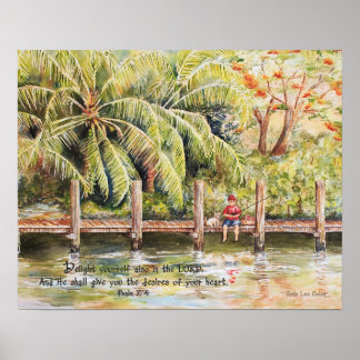 男の子魚釣りと犬の詩編37:4 ポスター