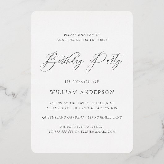 男の子1日の誕生日パーティー写真と金ゴールド 箔招待状 (裏面)