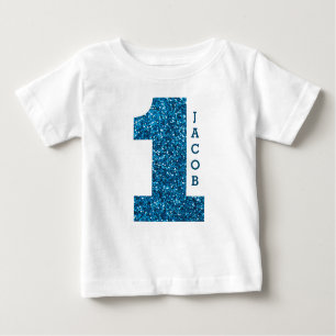 男の子1最初誕生日の青いグリッター ベビーTシャツ