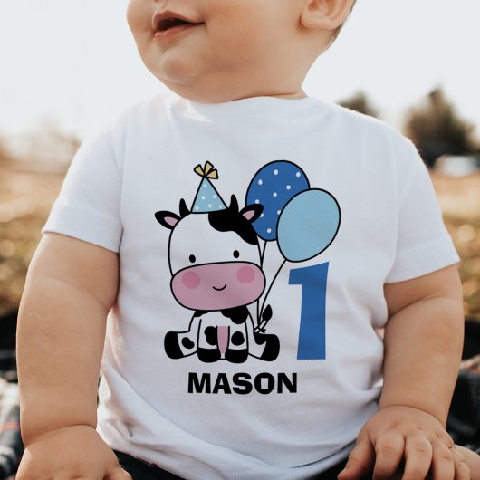 男の子1歳かわいい牛の風船パーソナライズされた ベビーTシャツ