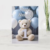 男の子1歳の誕生日かわいいテディベア&バルーン カード (正面)