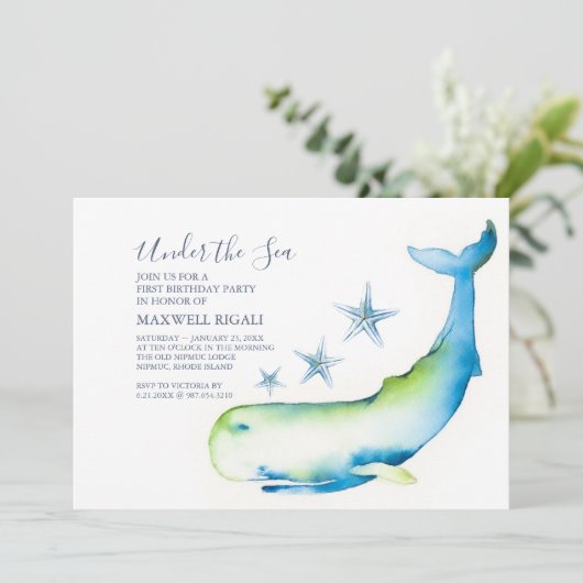 男の子1歳の誕生日の水の色ホエールヒトデ 招待状 (スタンド正面)
