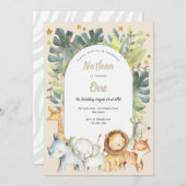 男の子1歳の誕生日ジャングルサファリ動物 招待状 (正面/裏面)