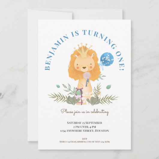 男の子1歳の誕生日パーティーかわいいライオンサファリ 招待状 (正面)