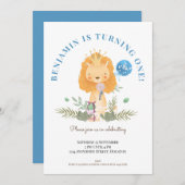 男の子1歳の誕生日パーティーかわいいライオンサファリ 招待状 (正面/裏面)