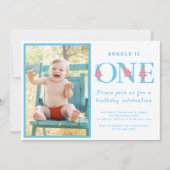 男の子1歳の誕生日パーティー青い写真 招待状 (正面)