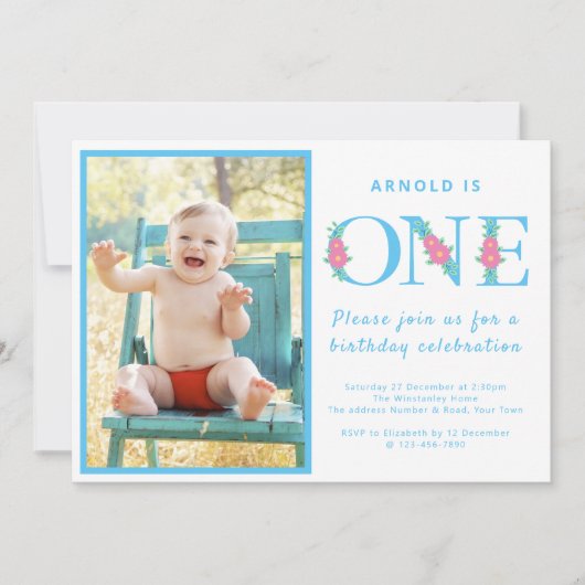 男の子1歳の誕生日パーティー青い写真 招待状 (正面)