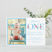 男の子1歳の誕生日パーティー青い写真 招待状 (スタンド正面)