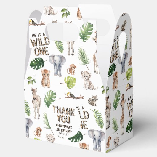 男の子1歳の誕生日ワイルドワンジャングルをテーマにした誕生日 フェイバーボックス (オープン)