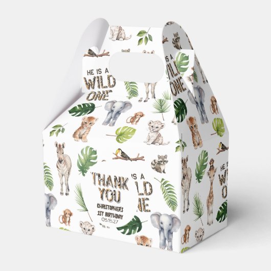 男の子1歳の誕生日ワイルドワンジャングルをテーマにした誕生日 フェイバーボックス (正面サイド)
