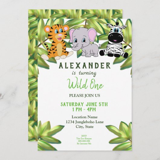 男の子1歳の誕生日ワイルドワンジャングルサファリ 招待状 (正面/裏面)