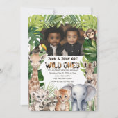 男の子1歳の誕生日ワイルドワンツインフォトバースデー 招待状 (正面)