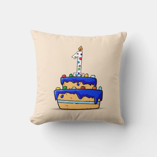 男の子1歳の誕生日、甘いブルーケーキに1つ クッション (正面)