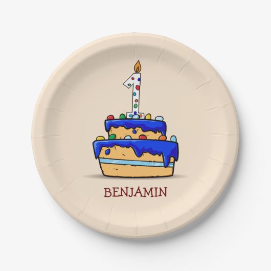 男の子1歳の誕生日、甘いブルーケーキに1つ ペーパープレート (正面)