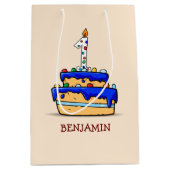 男の子1歳の誕生日、甘いブルーケーキに1つ ミディアムペーパーバッグ (正面)