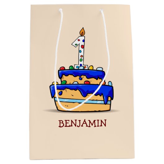 男の子1歳の誕生日、甘いブルーケーキに1つ ミディアムペーパーバッグ (正面)