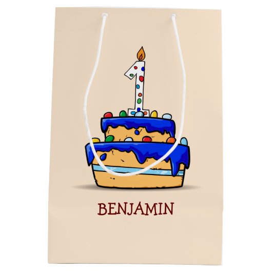 男の子1歳の誕生日、甘いブルーケーキに1つ ミディアムペーパーバッグ (裏面)