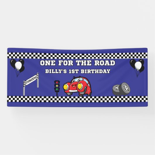 男の子1歳の誕生日 2.5 x 6 ビニール青レーシングカー 横断幕 (横)