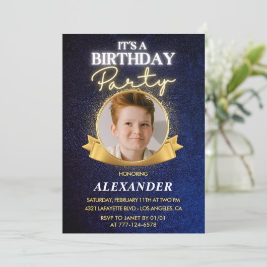 男の子10歳の誕生日招待状エレガントシック写真 招待状 (スタンド正面)