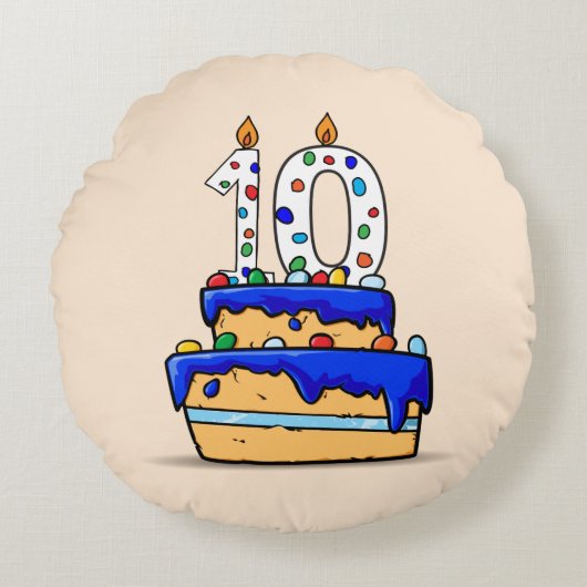 男の子10誕生日、10オンスイートブルーケーキ ラウンドクッション (正面)