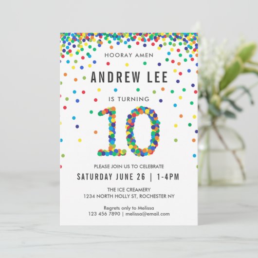 男の子10th誕生日パーティー、プライマリカラー紙吹雪 招待状 (スタンド正面)