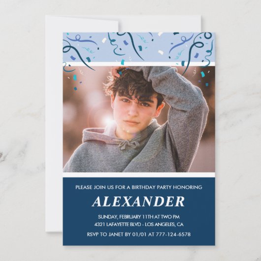 男の子14歳の誕生日招待状写真ネイビーブルー 招待状 (正面)