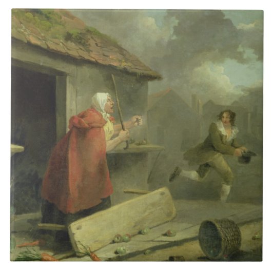 男の子1793年で棒を振っている老女(カリフォルニアの油 タイル (正面)