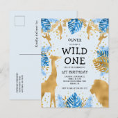 男の子1st誕生日パーティーブルージャングルサファリ インビテーションポストカード (正面/裏面)