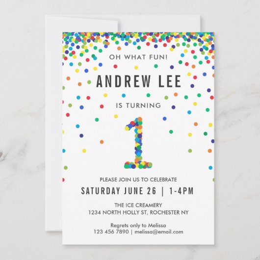 男の子1st誕生日パーティー、プライマリカラー紙吹雪 招待状 (正面)