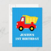 男の子1st誕生日建築ダンプトラックのはがき インビテーションポストカード (正面/裏面)