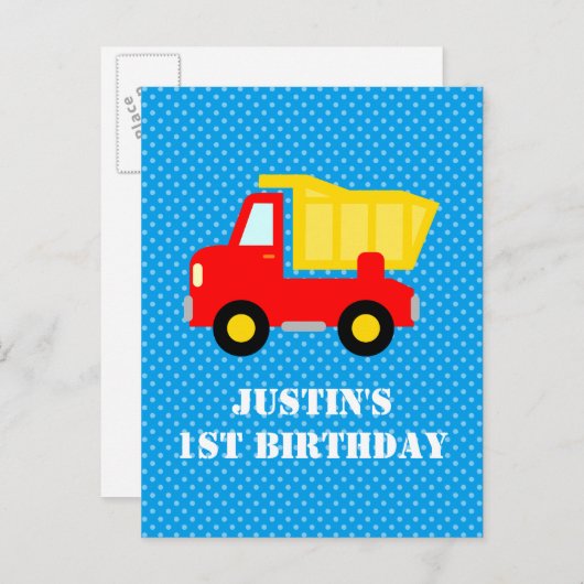 男の子1st誕生日建築ダンプトラックのはがき インビテーションポストカード (正面/裏面)
