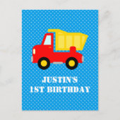 男の子1st誕生日建築ダンプトラックのはがき インビテーションポストカード (正面)