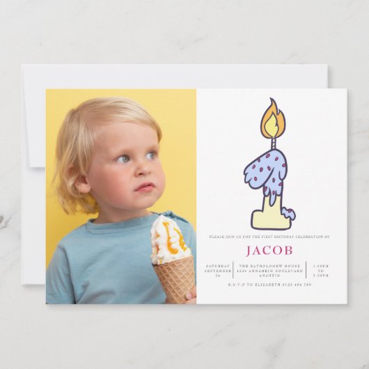 男の子1th誕生日キャンドルケーキパーティー写真 招待状 (正面)
