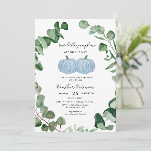 男の子2つの小さなカボチャが赤ちゃんシャワーの途中にある 招待状 (スタンド正面)