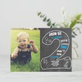 男の子2歳の誕生日シャルボードとフォトブルー 招待状 (スタンド正面)