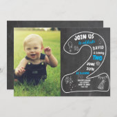 男の子2歳の誕生日シャルボードとフォトブルー 招待状 (正面/裏面)