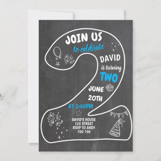 男の子2歳の誕生日シャルボードナンバーブルー 招待状 (正面)