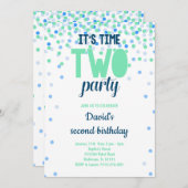 男の子2歳の誕生日2パーティー紙吹雪ブルーグリーン 招待状 (正面/裏面)