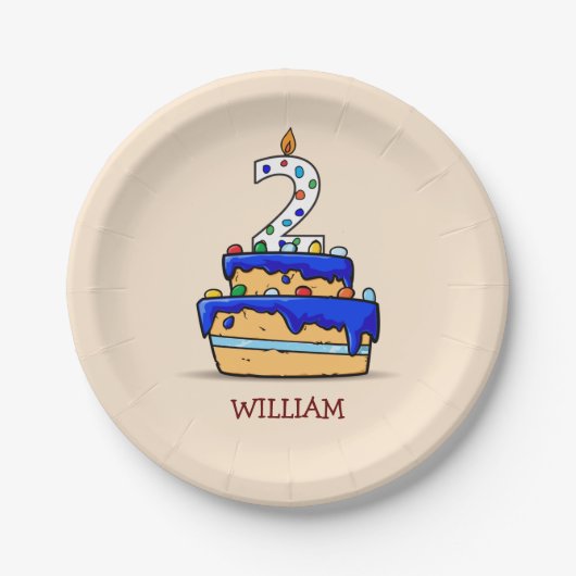 男の子2歳の誕生日、甘いブルーケーキ2歳 ペーパープレート (正面)