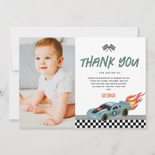 男の子2速フォトレーシングカー2nd誕生日 サンキューカード (正面)