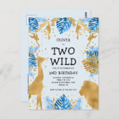 男の子2nd誕生日パーティーブルー淡い色の金ゴールドサファリ ポストカード (正面/裏面)