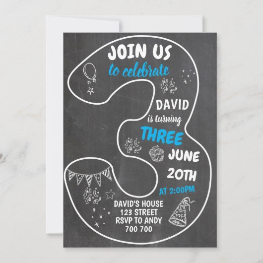 男の子3歳の誕生日シャルボードナンバーブルー 招待状 (正面)