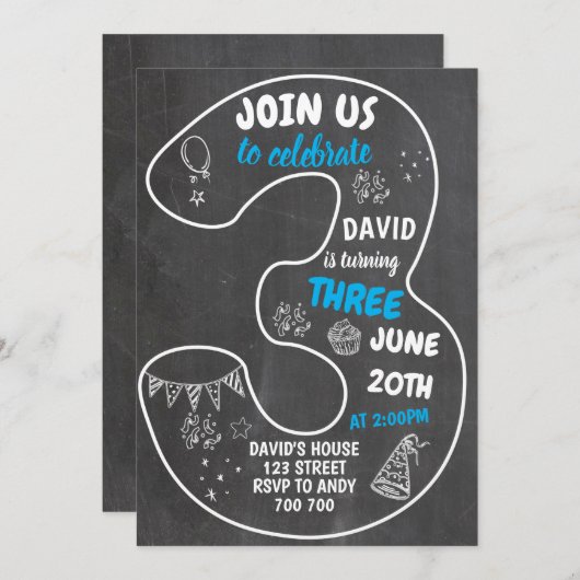 男の子3歳の誕生日シャルボードナンバーブルー 招待状 (正面/裏面)