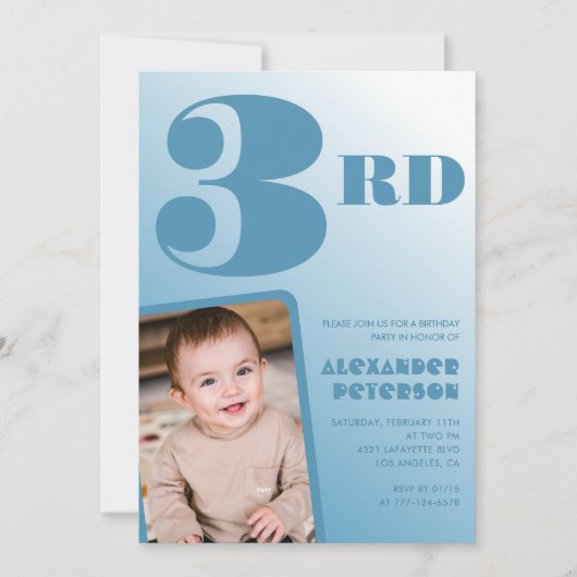 男の子3歳の誕生日招待状青い写真 招待状 (正面)