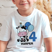 男の子4歳の誕生日カウブルーバルーンパーソナライズされた Tシャツ